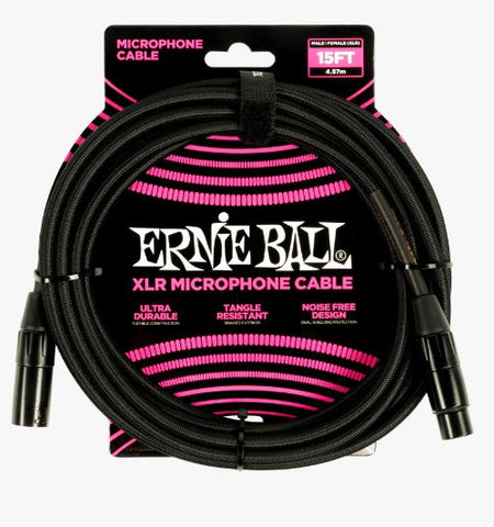 Ernie Ball 15ft Braided Male Female XLR Microphone Cable Black