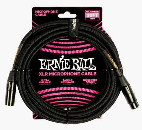 Ernie Ball 20ft Braided Male Female XLR Microphone Cable Black