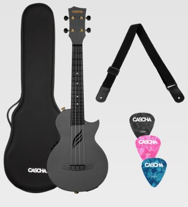 Cascha Black Carbon Fibre Ukulele Set with Electrics