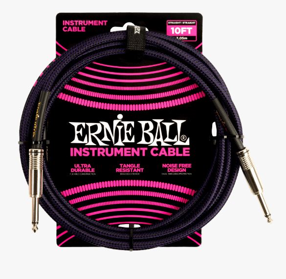 Ernie Ball 10ft Braided Straight / Straight Instrument Cable Purple Black